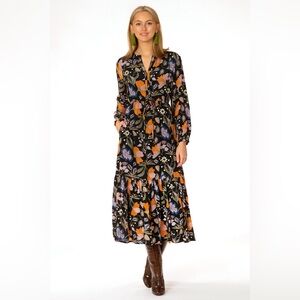 Olivia James‎ the Label Lydia Long Sleeve Fall Floral Midi Dress Black Viscose
